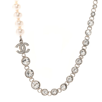 CHANEL Pearl Crystal CC Choker Necklace Silver