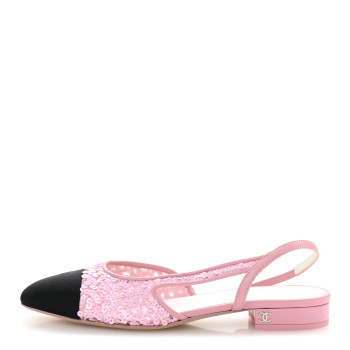 CHANEL Sequins Satin Cap Toe CC Slingback Flat 37 Pink Black