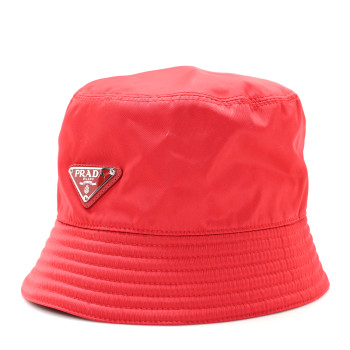 PRADA Re-Nylon Metal Triangle Logo Womens Bucket Hat M Rosso