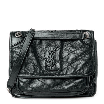 SAINT LAURENT Crinkled Calfskin Matelasse Monogram Baby Niki Chain Satchel Black