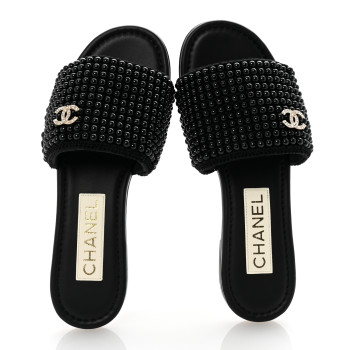 CHANEL Pearl Crystal CC Mules Sandals 36 Black