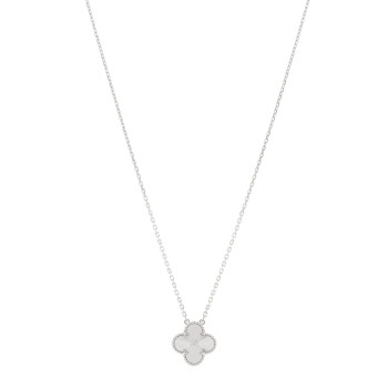 VAN CLEEF & ARPELS 18K White Gold Diamond Guilloche Vintage Alhambra Pendant Necklace