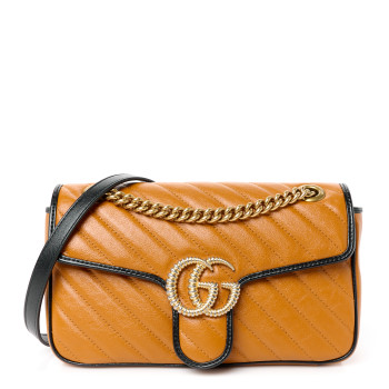 GUCCI Vintage Effect Calfskin Matelasse Diagonal Small Torchon GG Marmont Shoulder Bag Cognac Black