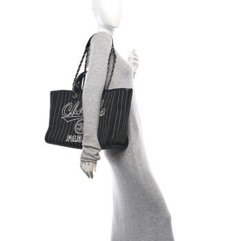 CHANEL Canvas Calfskin Striped Medium Deauville Tote Black White