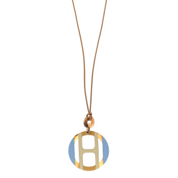 HERMES Buffalo Horn Lacquer H Equipe Pendant Necklace Bleu Chardon