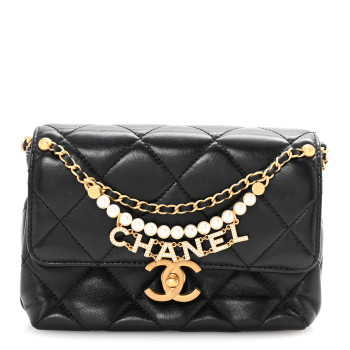 CHANEL Shiny Lambskin Quilted Mini Pearl Logo Flap Black
