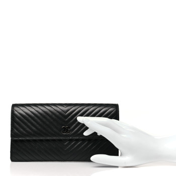 CHANEL Lambskin Chevron Quilted Large Gusset Flap Wallet So Black