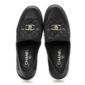 CHANEL Lambskin Quilted CC Turnlock Loafers 38.5 Black