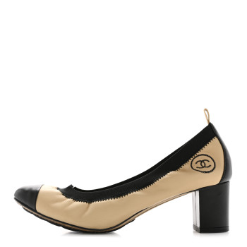 CHANEL Lambskin CC Elastic Stretch Pumps 37.5 Beige Black