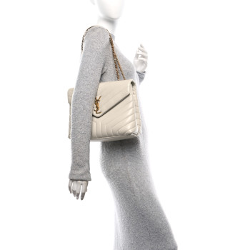 SAINT LAURENT Calfskin Y Quilted Monogram Medium Loulou Chain Satchel Crema Soft