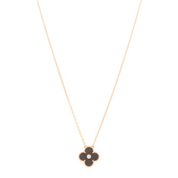 VAN CLEEF & ARPELS 18K Rose Gold Diamond Silver Obsidian Vintage Alhambra Pendant Necklace