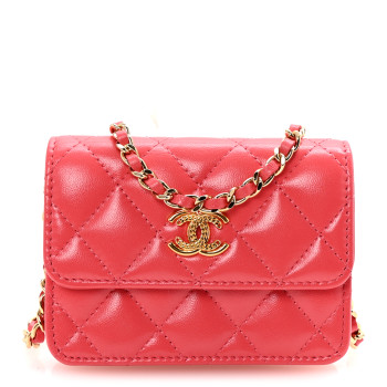 CHANEL Shiny Lambskin Quilted Card Holder On Chain Pink