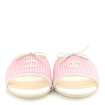 CHANEL Fabric Embroidered CC Bow Mules 36 White Pink