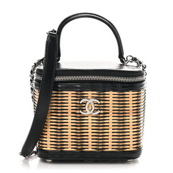 CHANEL Calfskin Raffia Small Vanity Case Bag Black Beige