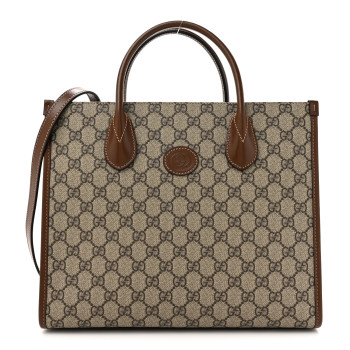 GUCCI GG Supreme Monogram Azalea Calfskin Small Retro Interlocking G Tote Bag Beige Ebony Brown Sugar