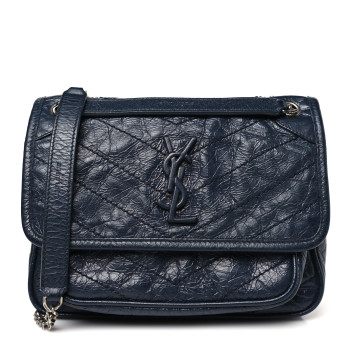 SAINT LAURENT Crinkled Calfskin Matelasse Monogram Baby Niki Chain Satchel Navy