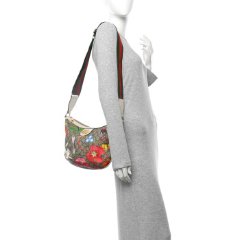 GUCCI GG Supreme Monogram Flora Web Small Ophidia Half Moon Hobo White