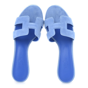 HERMES Suede Goatskin Oasis Sandals 37 Bleu Cameo
