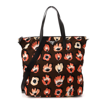 PRADA Tessuto Stampato Nylon Saffiano Floral Print Tote Brown Multicolor