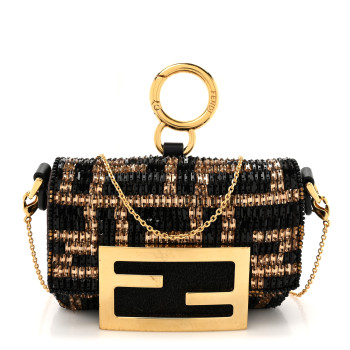 FENDI Crystal Vitello King FF Beaded Nano Maxi Buckle Baguette Charm Moro Black