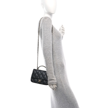 CHANEL Lambskin Quilted Resin Pearl Chain Top Handle Flap Black