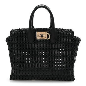 SALVATORE FERRAGAMO Raffia Calfskin The Studio Box Tote Black