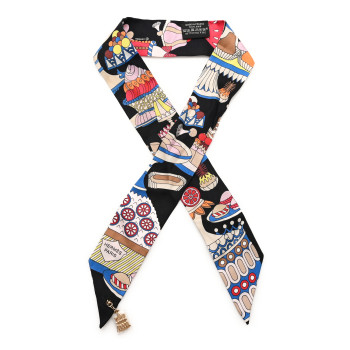 HERMES Silk La Patisserie Francaise Charms Twilly Charms Black White Bleu