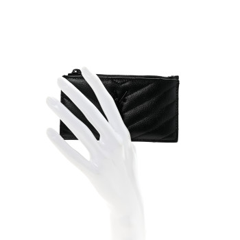 SAINT LAURENT Grain De Poudre Matelasse Chevron Monochrome Fragments Zippered Card Case Black