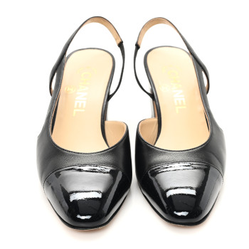 CHANEL Lambskin Patent Cap Toe CC Slingback Pumps 36 Black
