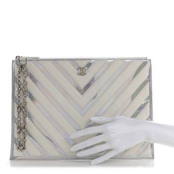 CHANEL Lambskin Metallic Chevron Zip Pouch White Silver