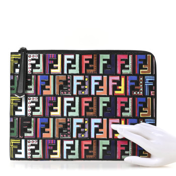 FENDI Vitello Dolce Fun Fair Embossed Zip Around Pouch Black Multicolor