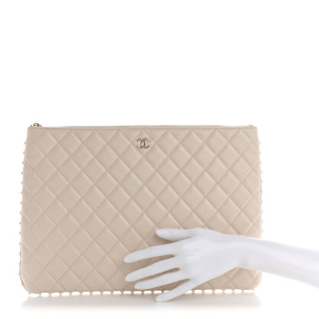 CHANEL Calfskin Quilted Large Pearl Cosmetic Case Light Beige