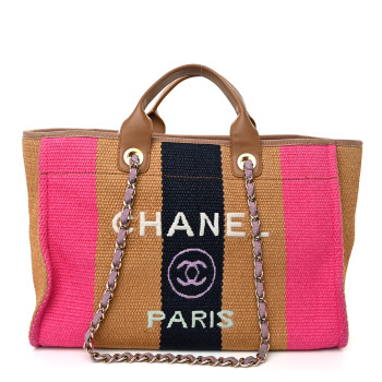 CHANEL Straw Raffia Calfskin Striped Medium Deauville Tote Dark Beige Fuchsia Navy Blue