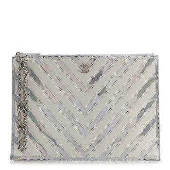 CHANEL Lambskin Metallic Chevron Zip Pouch White Silver