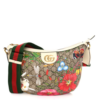 GUCCI GG Supreme Monogram Flora Web Small Ophidia Half Moon Hobo White