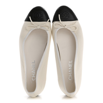 CHANEL Lambskin Cap Toe CC Ballerina Flats 38.5 White Black