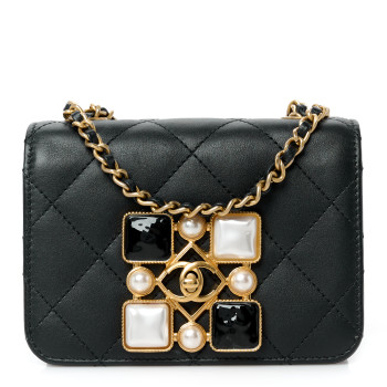 CHANEL Calfskin Quilted Crystal Pearl Mini Flap Bag Black