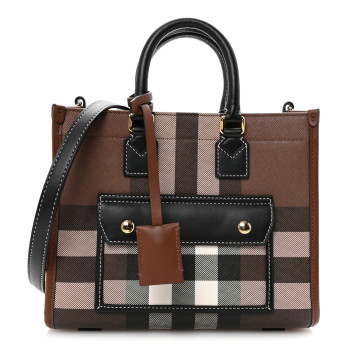 BURBERRY E-Canvas Check Calfskin Mini Freya Tote Dark Birch Brown