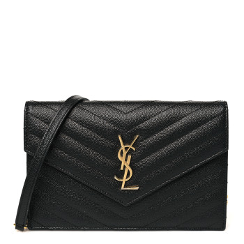 SAINT LAURENT Grain De Poudre Matelasse Chevron Monogram Envelope Chain Wallet Black