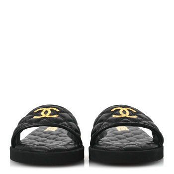 CHANEL Lambskin Quilted Textured CC Mules Sandals 39 Black