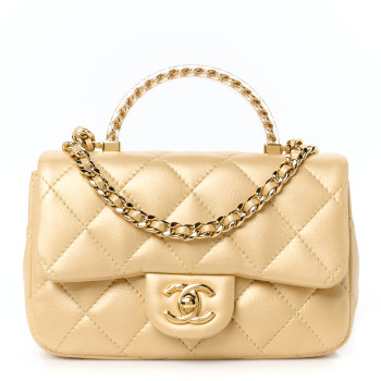 CHANEL Metallic Lambskin Resin Quilted Top Handle Mini Flap Gold