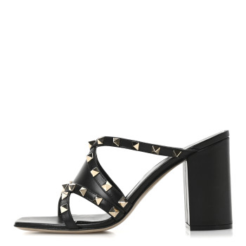 VALENTINO GARAVANI Nappa Rockstud Criss Cross Block Heel 100mm Sandals 37 Black
