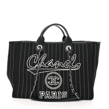 CHANEL Canvas Calfskin Striped Medium Deauville Tote Black White