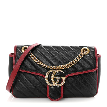 GUCCI Vintage Effect Calfskin Matelasse Diagonal Small Torchon GG Marmont Shoulder Bag Black Romantic Cherry