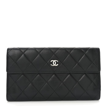 CHANEL Lambskin Quilted Long Flap Wallet Black