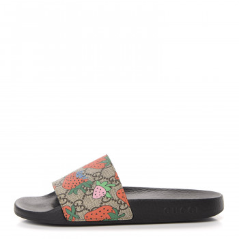 【GUCCI】 GG Supreme Strawberry Slide Sandals GUCCI GG Supreme Monogram Strawberry Slide Sandals 38 Beige
