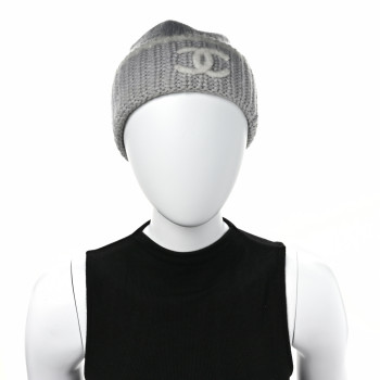 CHANEL Wool Cashmere Silk CC Beanie Hat Light Grey White