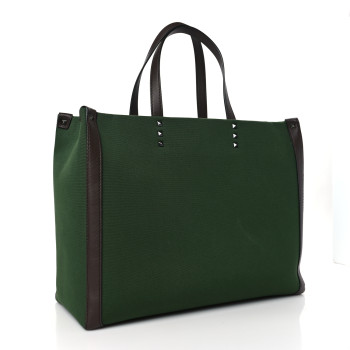 VALENTINO GARAVANI Canvas Calfskin University Logo Medium Rockstud Tote Green Forest Fondant Pink PP