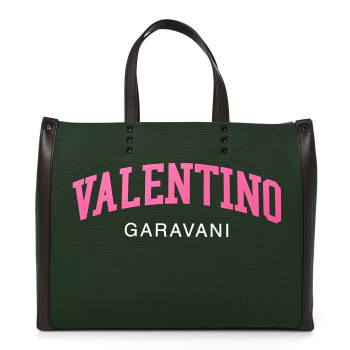 VALENTINO GARAVANI Canvas Calfskin University Logo Medium Rockstud Tote Green Forest Fondant Pink PP