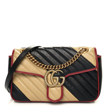 GUCCI Vintage Effect Calfskin Matelasse Diagonal Striped Small Torchon GG Marmont Shoulder Bag Black Beige